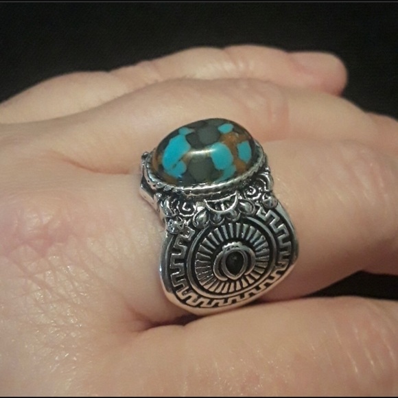 Mojave Turquoise Arizona Copper Purple Marbled Carved Embellished Mayan Ring 9 - Picture 4 of 7